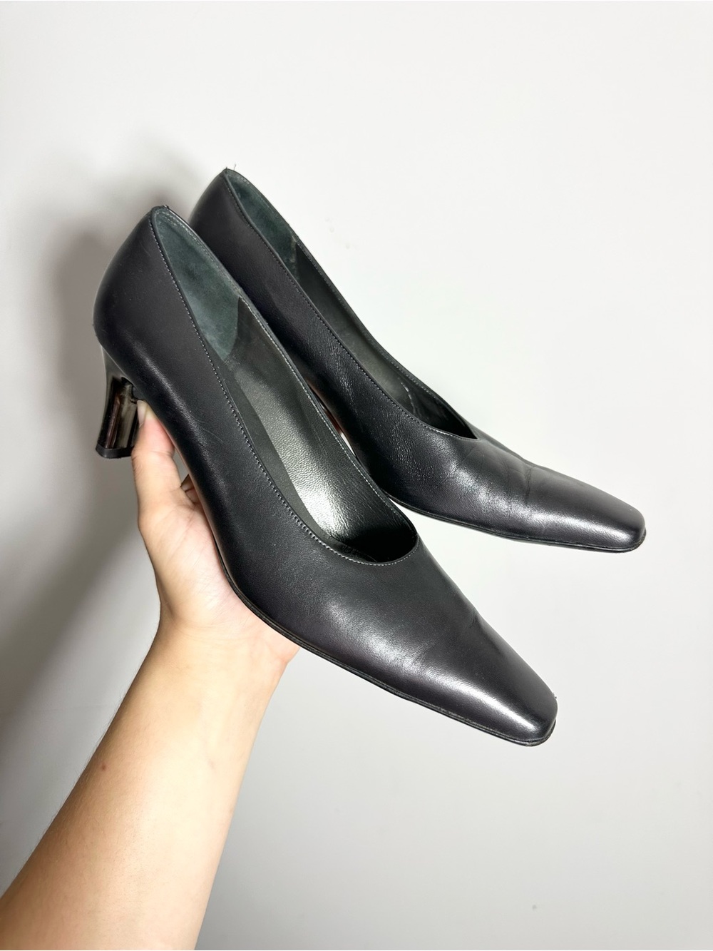Salvatore Ferragamo Dark Gray Square Toe High Heel Leather Pumps